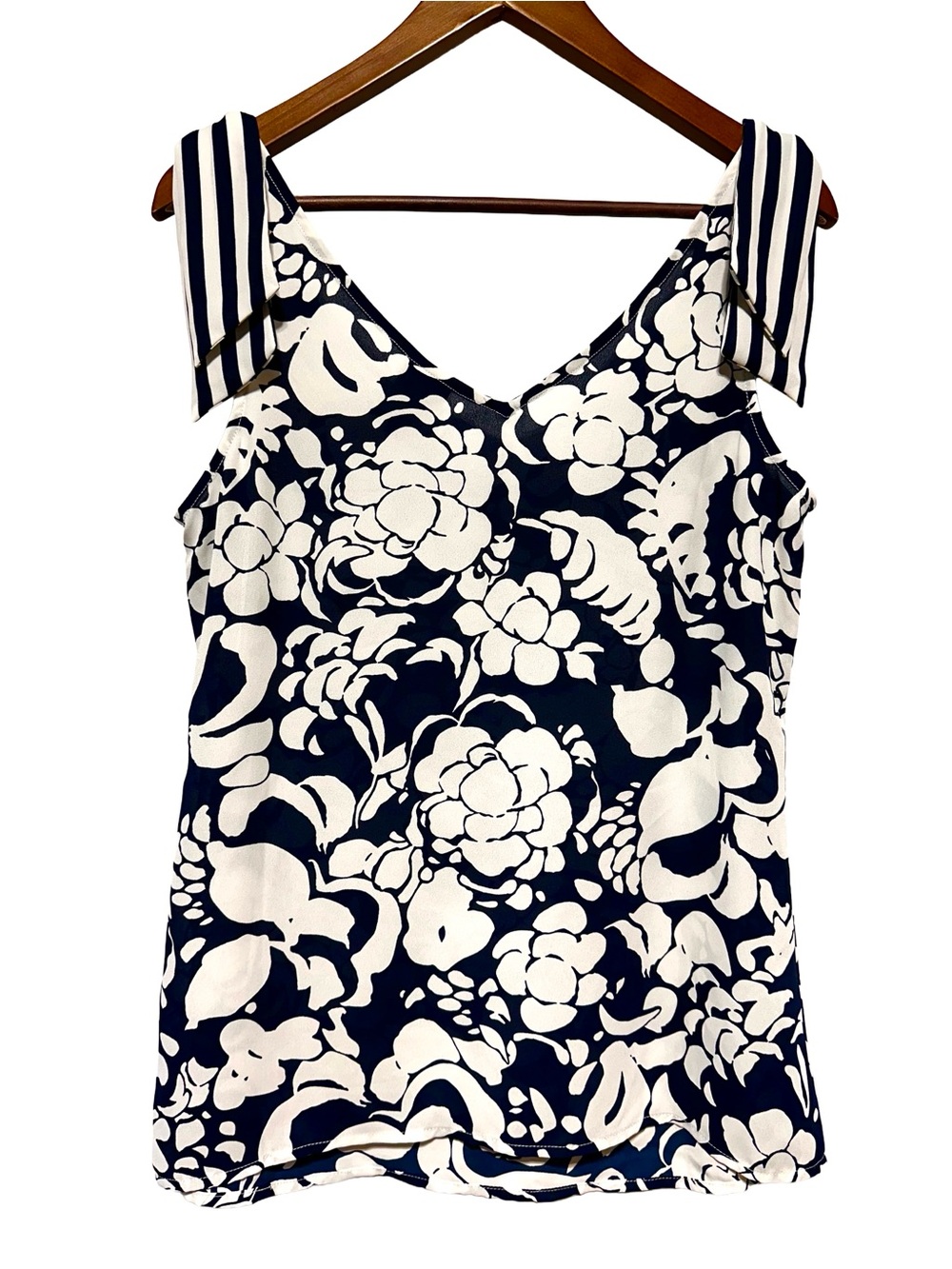 Cabi Shoulder Tie Floral Tank Top Navy White Sheer Small